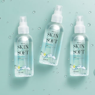 Three Original Skin So Soft bottles on a pale blue background with bubbles.