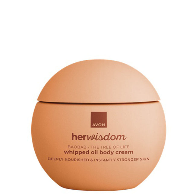 A round terracotta-colored jar of Avon Her Wisdom Baobab Whipped Oil Body Cream on a solid white background.