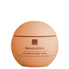 A round terracotta-colored jar of Avon Her Wisdom Baobab Whipped Oil Body Cream on a solid white background.