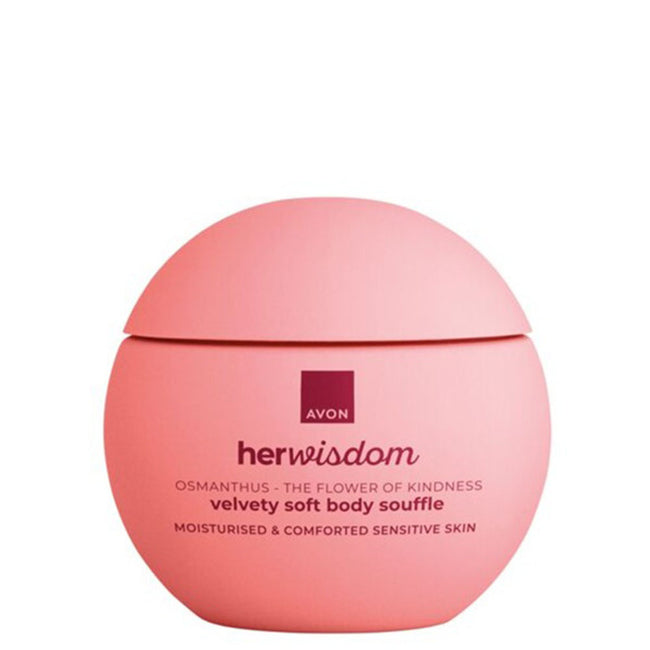 A pink round jar of Avon Her Wisdom Osmanthus velvety soft body souffle moisturising body souffle, shown on a plain white background.
