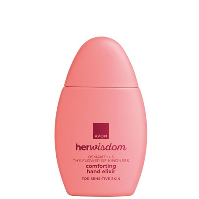 A pink bottle of Avon Her Wisdom Comforting Hand Elixir on a solid white background.