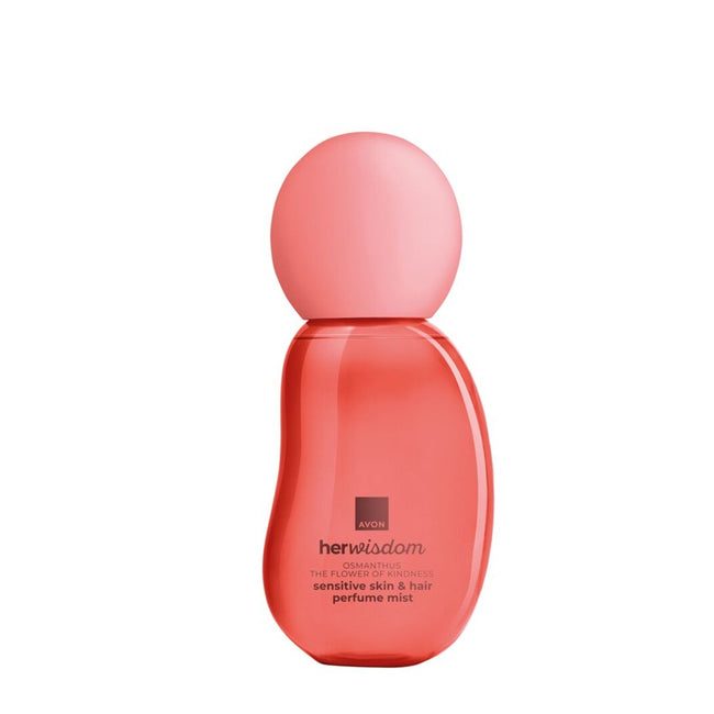 A single bottle of Avon Her Wisdom Osmanthus The Power of Vines Sensitive Skin & Hair Perfume Mist on a solid white background.